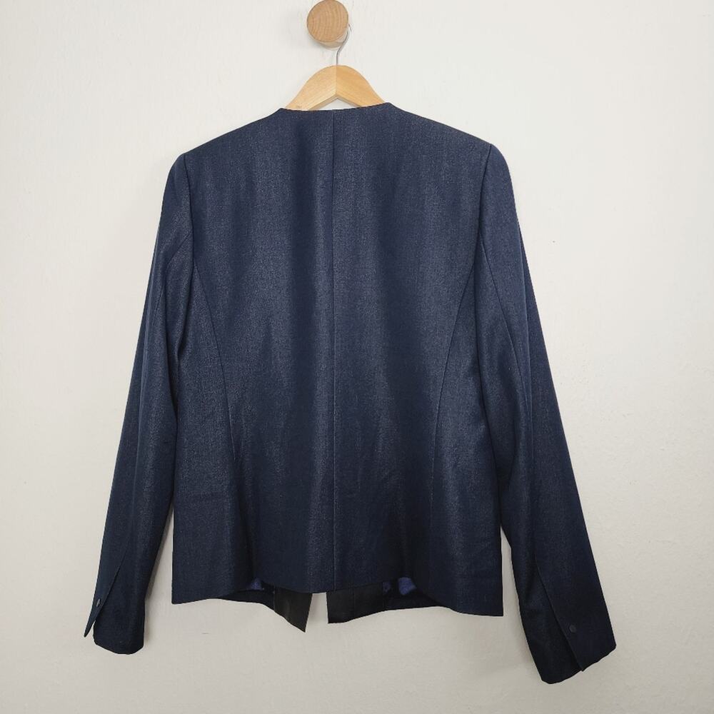 Tahari Griffin Indigo Blue Single Breasted Blazer NWT Faux Leather Trim 12 - Picture 7 of 11